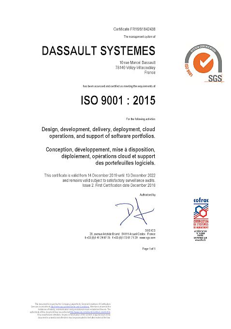 Сертификат ISO 9001:2015 Dassault Systemes